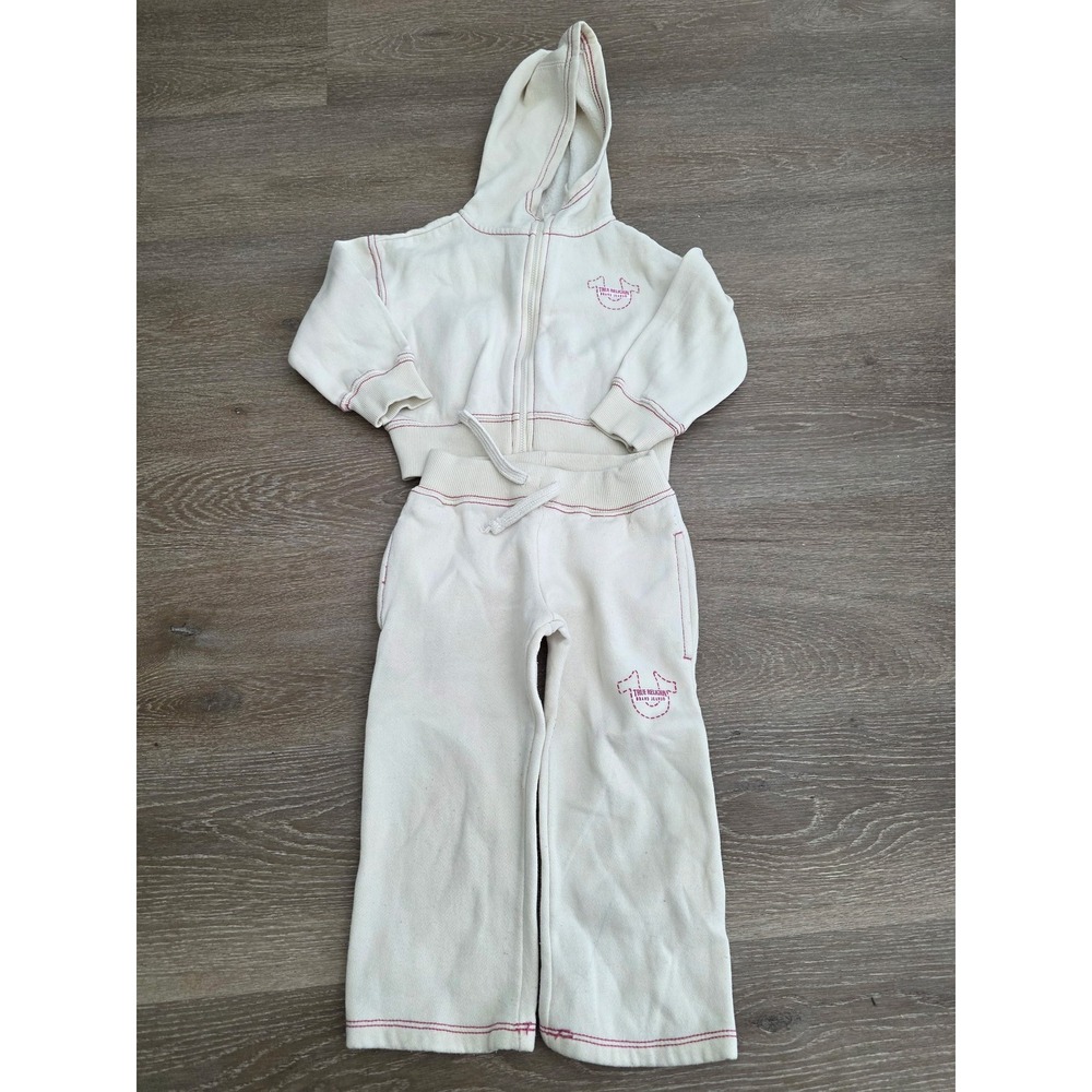 True Religion Kids Cream Pink Big T Stitch Zip Hoodie Sweatpants Tracksuit 3T